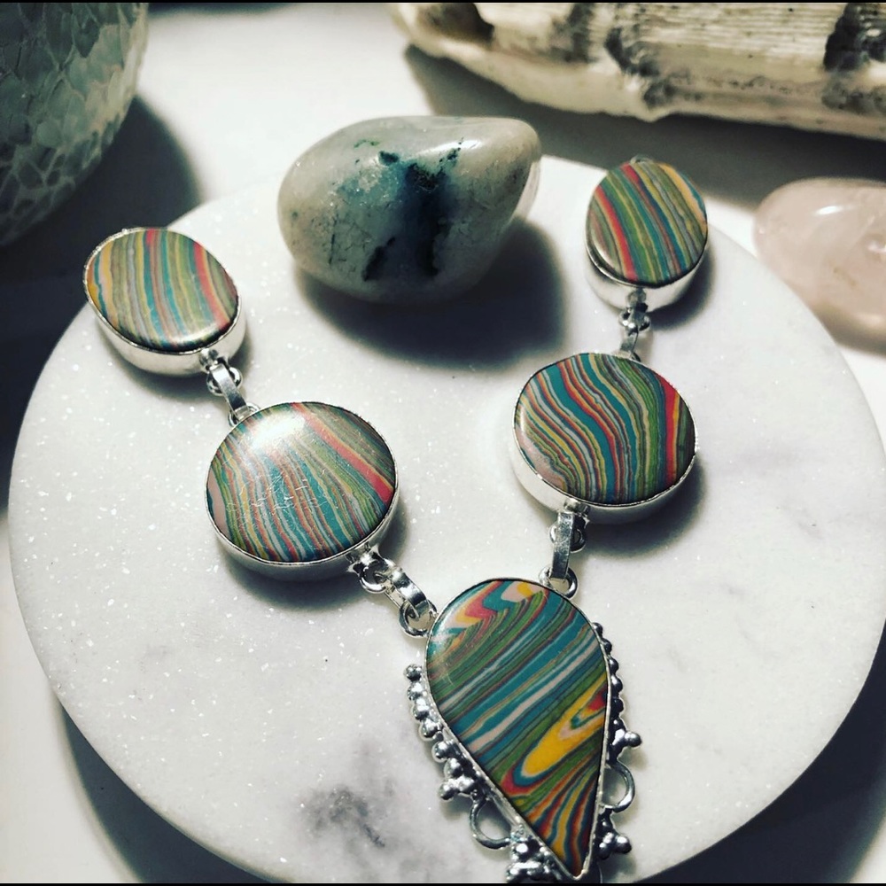 Green Rainbow Calsilica 925 Silver Necklace